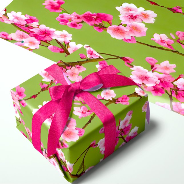 Papel De Presente Flores de Cerejeira Rosa em Verde Chartreuse (Beautiful Pink Cherry Blossoms on Chartreuse )