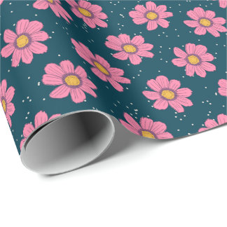 Papel De Presente Flores De Cor Azul, Cor-De-Rosa, Cinza,