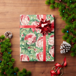 Papel De Presente Flores de cor d'água e Rosas vermelhas e Folhas Ve