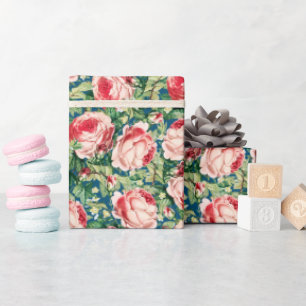 Papel De Presente Flores de cor d'água e Rosas vermelhas e Folhas Ve