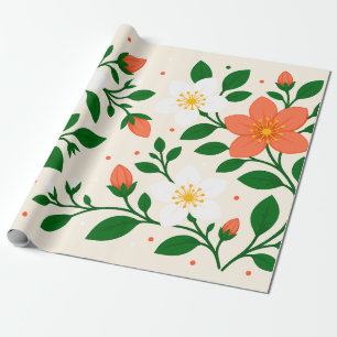 Papel De Presente Flores de Coral e Branco Elegantes com Folhagem Ve