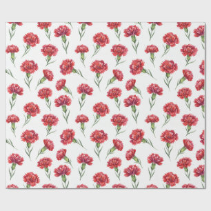 Papel De Presente Flores de Cravo Vermelho em Aquarela sobre Branco