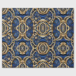 Papel De Presente Flores de Damasco Redemoinhos Azul Dourado Preto