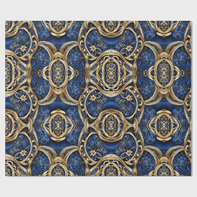 Papel De Presente Flores de Damasco Redemoinhos Azul Dourado Preto (Aberto)