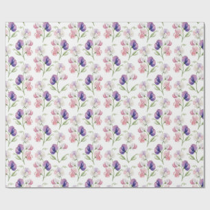 Papel De Presente Flores de ervilha doce rosa roxo pastel aquarela