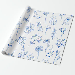 Papel De Presente Flores de esboço de jardim misto de arte de linha