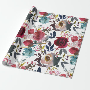 Papel De Presente Flores De Flores De Vinho Borgonha Rosa