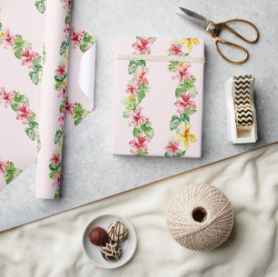 Papel De Presente Flores de Hibisco Rosa Amarelo Tropical Aniversári