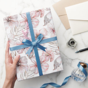 Papel De Presente Flores de Hibisco Rosa Aniversário
