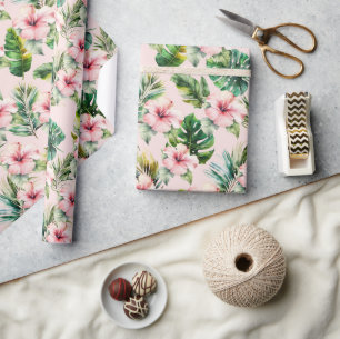 Papel De Presente Flores de Hibiscus Rosa-Rosa-Blush Folhas Tropicai