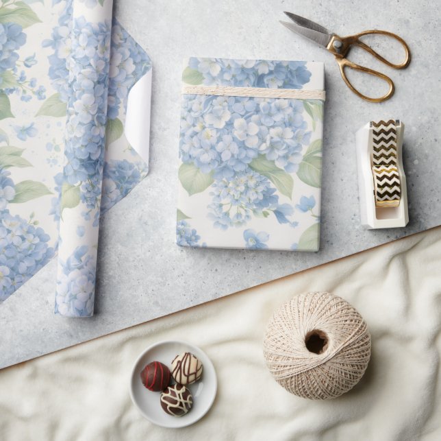 Papel De Presente Flores de Hortênsia Azul | Embrulho de Presente El (Artesanato)