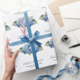 Papel De Presente Flores de Hortênsia em Aquarela Azul