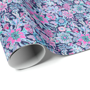 Papel De Presente Flores de Impressão azul e rosa na praia de Preppy