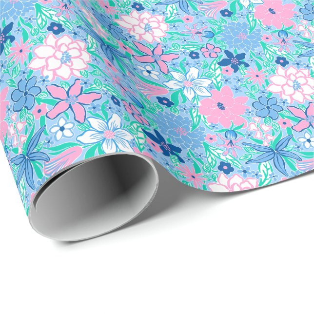 Papel De Presente Flores de Impressão azul e rosa na praia de Preppy (Ponta do rolo)