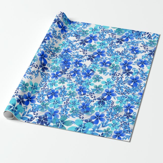 Papel De Presente Flores de Jardim Azul Real e Turquesa (Desenrolado)