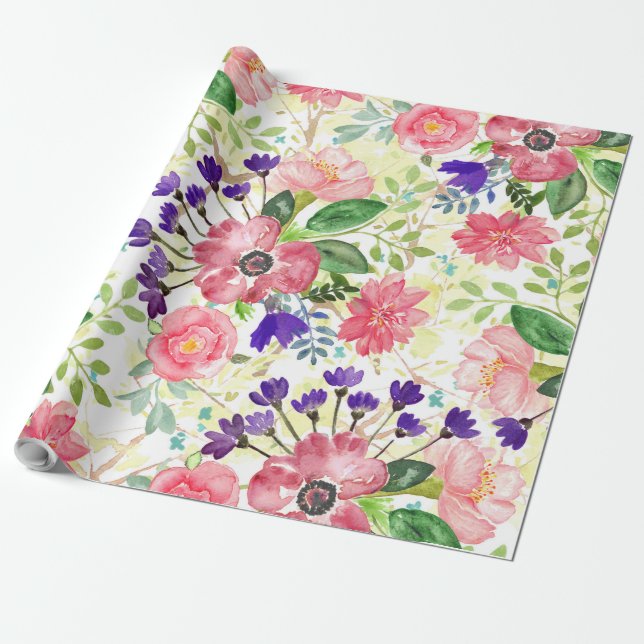 Papel De Presente Flores de jardim de aquarelas (Desenrolado)