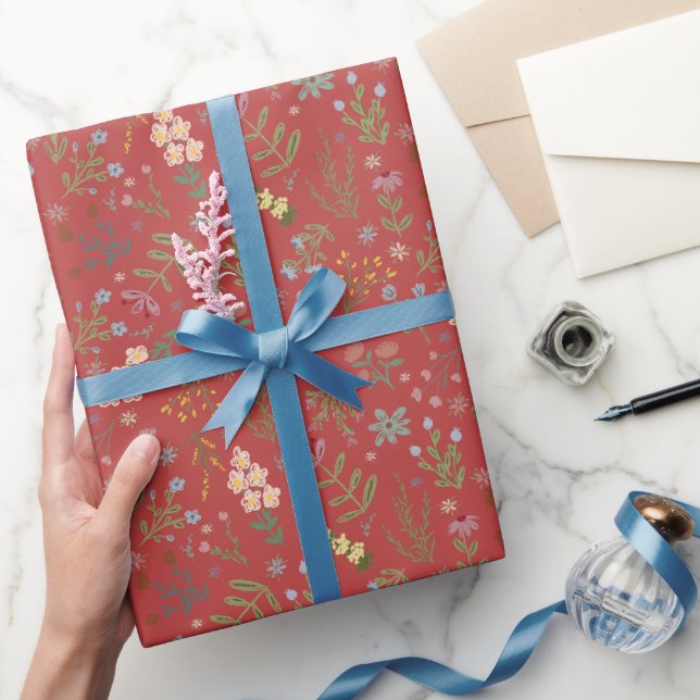 Papel De Presente Flores de Jardim de Campo Desenhadas à Mão em Verm (Presentear)