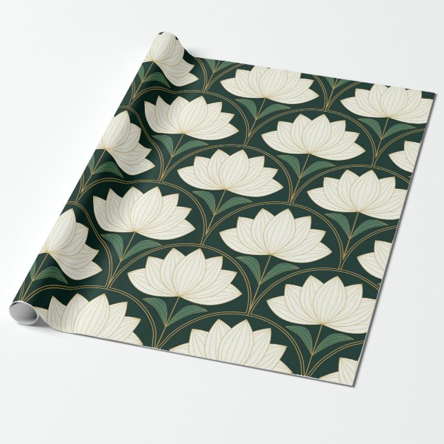 Papel De Presente Flores de Lótus Art Déco em formas de Leque Dourad (Desenrolado)