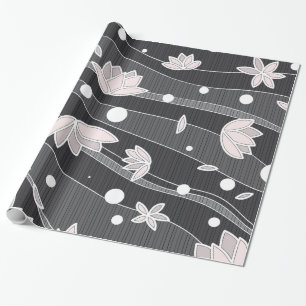 Papel De Presente Flores de lótus rosa em faixas pretas