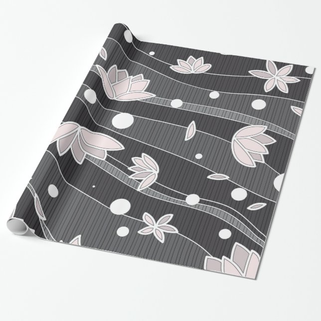 Papel De Presente Flores de lótus rosa em faixas pretas (Desenrolado)