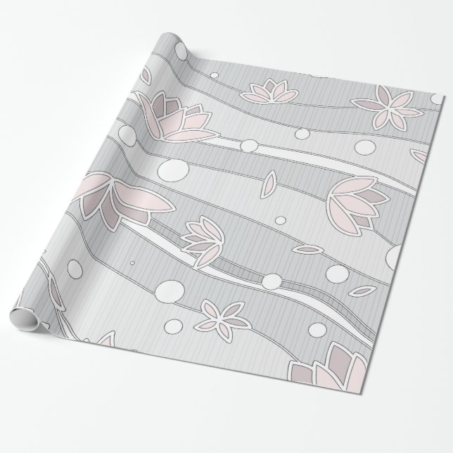 Papel De Presente Flores de Lotus Rosa em Stripes Brancas (Desenrolado)