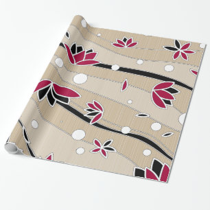 Papel De Presente Flores de Lótus Vermelho Vintage em Stripes de beg