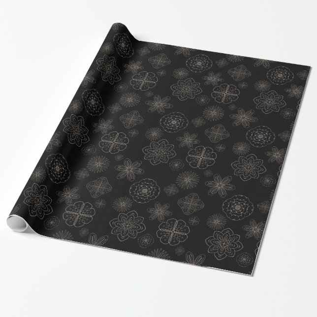 Papel De Presente Flores de mandala pretas ornamentos sem soldadura (Desenrolado)