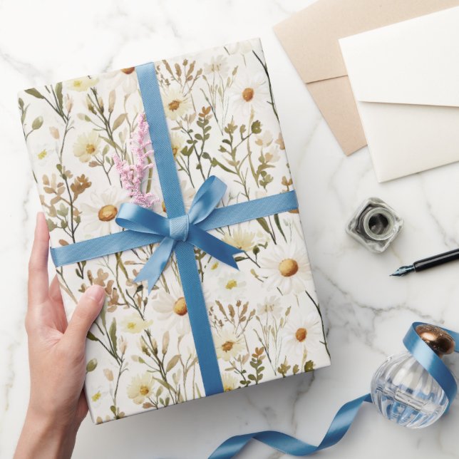 Papel De Presente Flores de Margarida Branca Bonita Aniversário (Presentear)