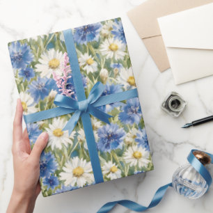 Papel De Presente Flores de Margarida Brancas Azuis Aniversário
