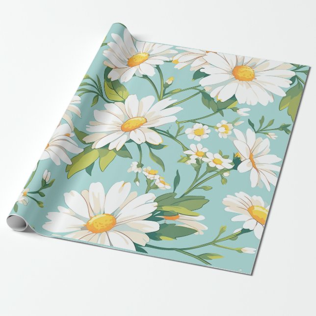 Papel De Presente Flores de Margarida Brancas Estampadas (Desenrolado)