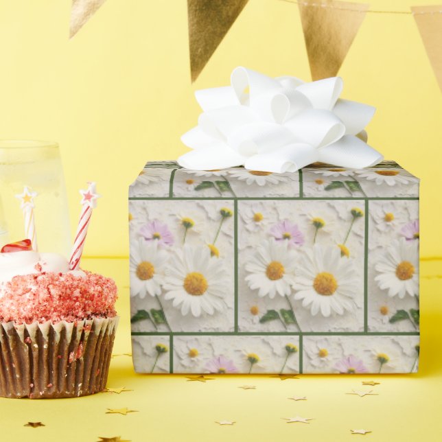 Papel De Presente Flores de margarida e Cosmos em Papel Distinto (Festa de aniversário)