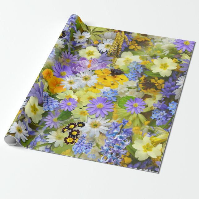 Papel De Presente Flores de Margarida, Primula, Narciso (Desenrolado)