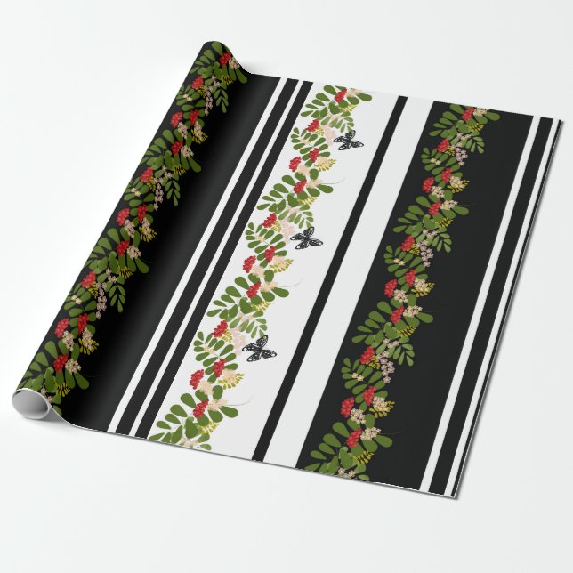 Papel De Presente Flores de morango sem sementes borboleta floral (Desenrolado)