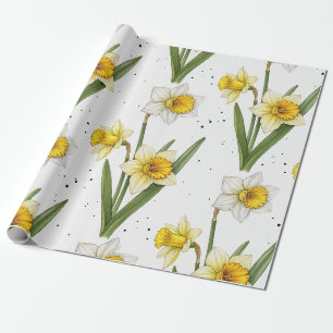 Papel De Presente Flores de Narciso Minimalistas em Amarelo e Verde 
