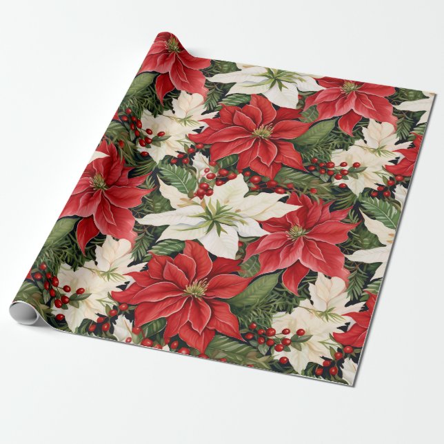 Papel De Presente Flores de Natal Branco Vermelho (Desenrolado)