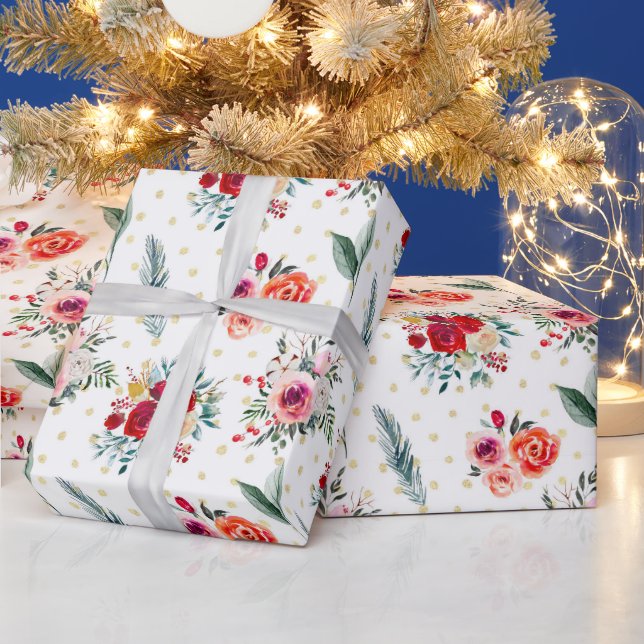 Papel De Presente Flores de Natal e padrão Evergreens (Feriados)