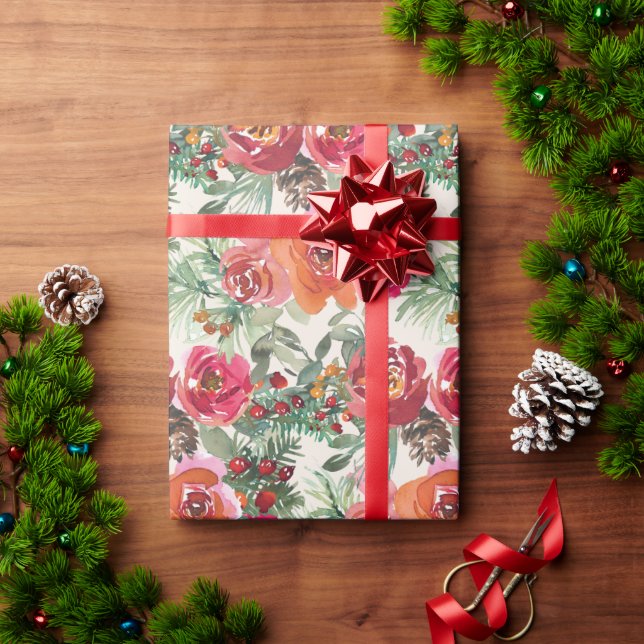 Papel De Presente Flores De Natal Florais Pintadas Pintadas Pela Mão (Presente de Natal)