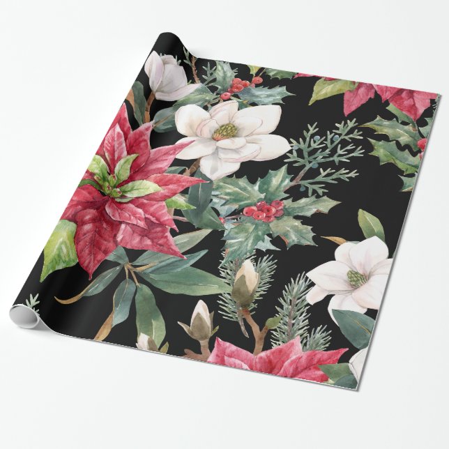 Papel De Presente Flores de Natal - Poinsettias Brancas Vermelhas Pr (Desenrolado)