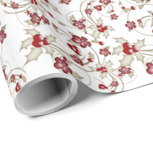 Papel De Presente Flores de Natal Vermelhas e Berries Holly