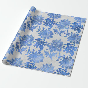 Papel De Presente Flores de Ornamentado Azul em Branco