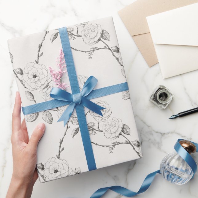 Papel De Presente Flores de Outono Preto Creme   (Presentear)