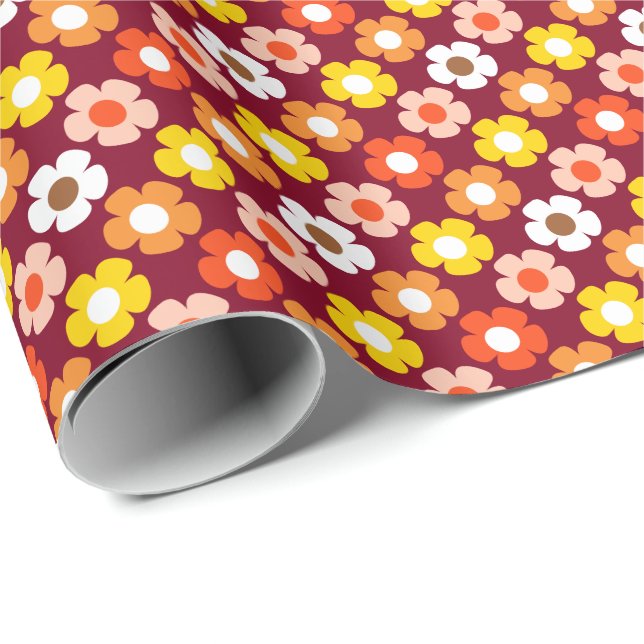Papel De Presente Flores de outono retrorais Padrão Borgonha (Ponta do rolo)