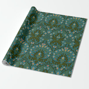 Papel De Presente Flores de Outono William Morris Verde Azul Vintage