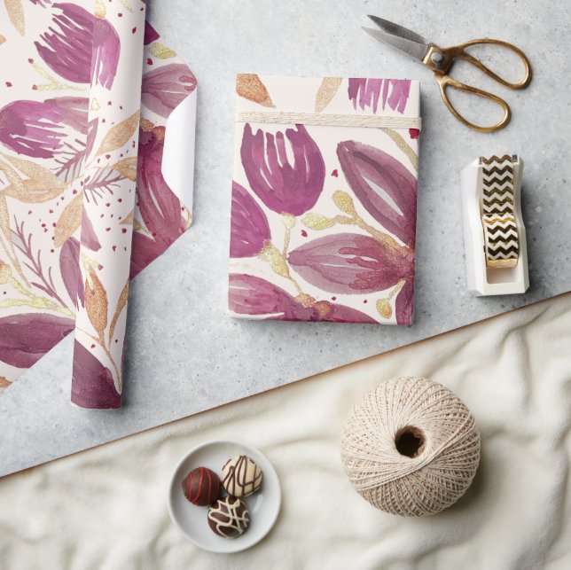 Papel De Presente Flores de Paixão, Aquarela Burgundy e Dourado (Artesanato)