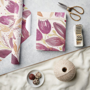 Papel De Presente Flores de Paixão, Borgonha de Aquarela e Dourado