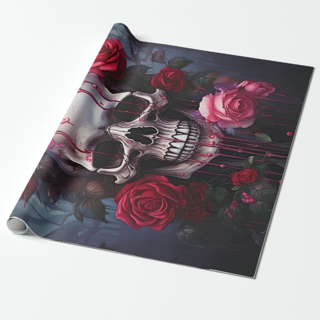Papel De Presente Flores De Paixão Fluindo Lágrimas, Caveira De Góti (Desenrolado)