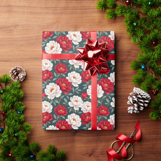 Papel De Presente Flores de peônia vermelhas e brancas (Presente de Natal)
