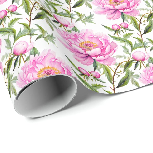 Papel De Presente Flores de Pêonias Rosa com Folhas Verdes Sage (Ponta do rolo)