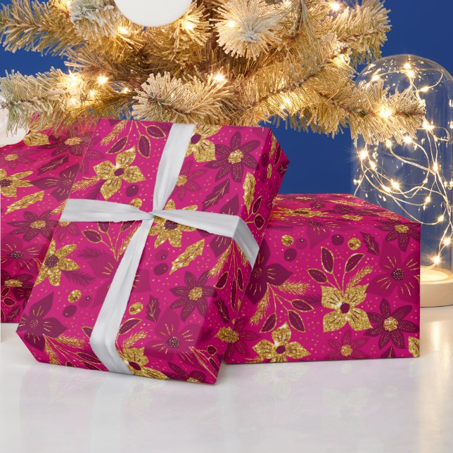 Papel De Presente Flores de Poinsettia de Natal Douradas e Rosas (Feriados)