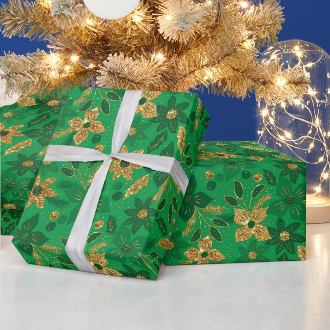 Papel De Presente Flores de Poinsettia de Natal Douradas e Verdes (Feriados)